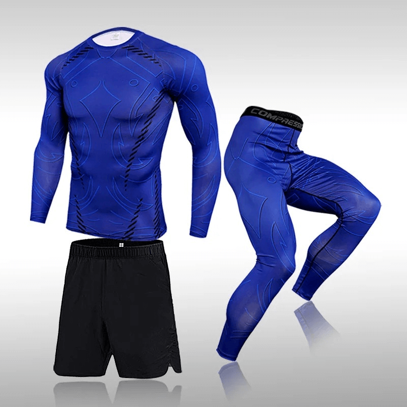 Blue men's athletic performance wear set with long-sleeve top, leggings, and shorts, ideal for bodybuilding, running, and yoga.